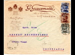 Italien 1922, 15+25+40 C. auf Brief v. Venezia m. Norwegen Entwertung Kristiania