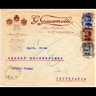 Italien 1922, 15+25+40 C. auf Brief v. Venezia m. Norwegen Entwertung Kristiania