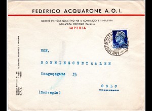 Italien 1940, 1,25 L. auf Firmenbrief m. Bahnpoststempel v. Imperia n. Norwegen.
