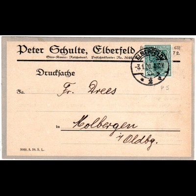DR 1920, 5 Pf. Germania m. perfin auf Firmenkarte v. Elberfeld