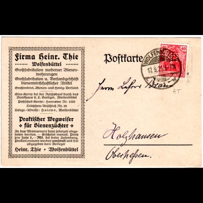 DR 1921, 40 Pf. Germania m. perfin auf Bienenzüchter Firmenkarte v. Wolfenbüttel