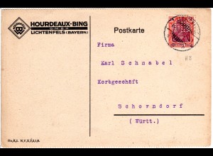 DR 1922, 1 1/4 Mk. Germania m. perfin auf Firmenkarte v. Lichtenfels