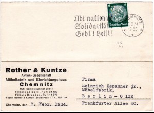 DR 1934, 6 Pf. m. perfin auf Firmenkarte v. Chemnitz
