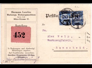 DR 1923, MeF 2x20 Mio. m. perfin auf Firmenkarte v. Berlin