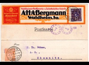 DR 1923, 5+20 Mk. m. perfin auf farbiger Firmenkarte v. Waldheim (Sachsen)