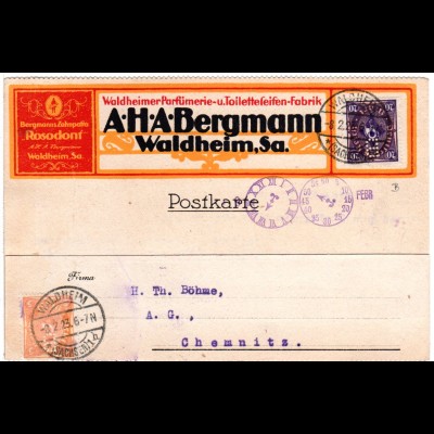 DR 1923, 5+20 Mk. m. perfin auf farbiger Firmenkarte v. Waldheim (Sachsen)