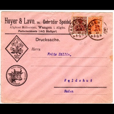 DR 1921, 5+10Pf. Germania m. perfin auf illustriertem Firmenbrief v. Wangen 