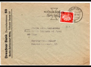 DR 1942, 8 Pf. Hitler m. perfin auf Bank-Ortsbrief v. Berlin