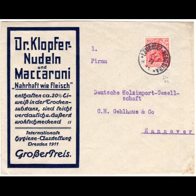 DR 1914, 10 Pf .Germania m. perfin auf Firmenbrief v. Leubnitz-Neuostra Dresden
