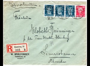 DR 1927, 10+3x20 Pf. m. perfin auf Einschreiben Brief v. Hamburg n. Schweden