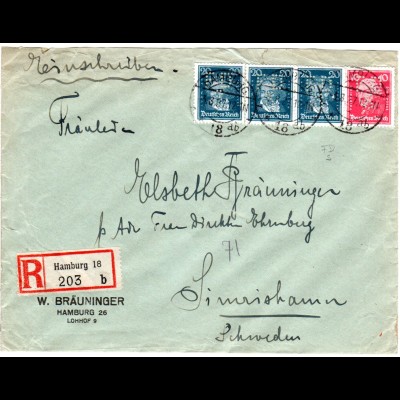 DR 1927, 10+3x20 Pf. m. perfin auf Einschreiben Brief v. Hamburg n. Schweden