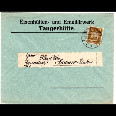 DR 1924, 3 Pf. m. perfin auf Drucksachenumschlag v. Tangerhütte.