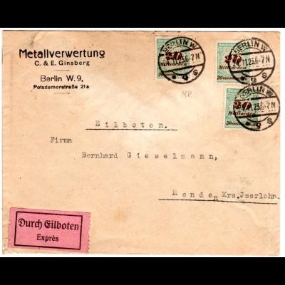 DR 1923, MeF 3x20 Mia. Mk. m. perfin auf Eilboten Firmenumschlag v. Berlin
