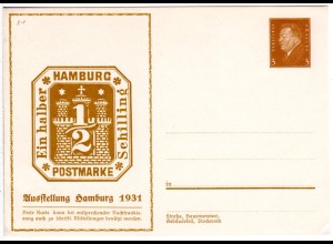 DR, ungebr. 3 Pf. Privatganzsachenkarte Ausstellung Hamburg 1931