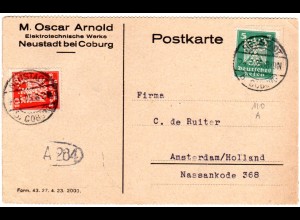 DR 1925, 5+10 Pf. m. perfin auf Firmenkarte v. Neustadt bei Coburg