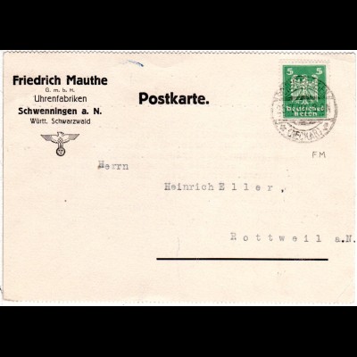 DR 1926, 5 Pf. m. perfin auf Firmenkarte v. Schwenningen a.N. n. Rottweil.