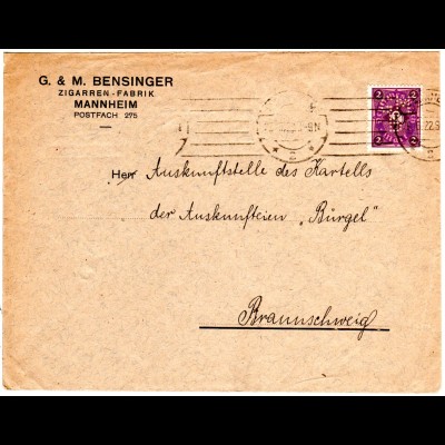 DR 1922, 2 Mk. m. perfin auf Zigarren-Fabrik Firmenbrief v. Mannheim
