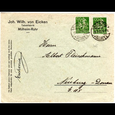 DR 1922, 2x100 Pf. m. perfin auf Tabakfabrik Firmenbrief v. Mülheim-Ruhr