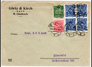 DR 1922, 6 Infla Marken m. perfin auf Firmenbrief v. Mönchengladbach