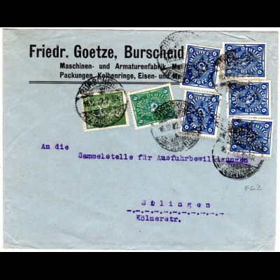 DR 1922, 7 Infla Marken m. perfin auf Firmenbrief v. Burscheid.