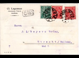 DR 1922, 4+2x10 Mk. m. perfin auf Firmenkarte v. Aachen