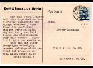 DR 1923, 30 T./200 Mk. m. perfin auf Firmenkarte v. Wetzlar