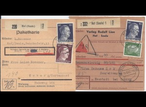 DR 1942, Hof, 2 Paketkarten, 1mal Wert, 1mal Nachnahme! 