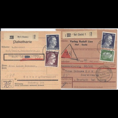 DR 1942, Hof, 2 Paketkarten, 1mal Wert, 1mal Nachnahme! 