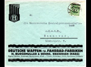 DR 1923, 75 T./1000 Mk. m. perfin auf Firmenbrief v. Kreiensen