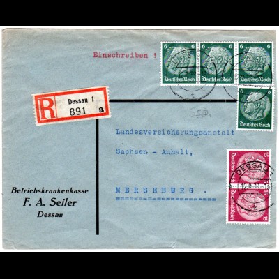 DR 1938, 4x6+Paar 15 Pf. m. perfin auf Einschreiben Vordruckumschlag v. Dessau