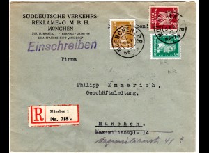 DR 1937, 3+5+30 Pf. je m. perfin auf Orts-Einschreiben Firmenbrief v. München