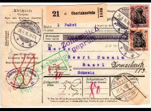 DR 1916, 30+50 Pf. Germania m. perfin auf Paketkarte v. Oberlahnstein i.d. CH
