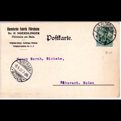 DR 1907, 5 Pf. Germania m. perfin auf Firmenkarte v. Flörsheim am Main.