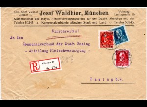 Bayern 1919, 10+15+20 Pf. Ludwig auf Einschreiben Brief v. München 10 n. Pasing
