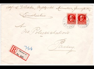 Bayern 1919, 2x15 Pf. Ludwig auf Orts-Einschreiben Brief v. München 39 n. Pasing