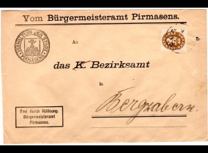 Bayern 1920, EF 40 Pf. Dienst-Abschied auf Brief v. Pirmasens. Geprüft.