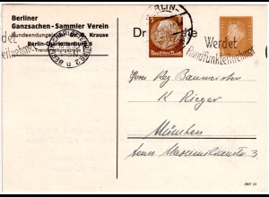 DR, m. Zusatzfr. gebr. 3 Pf. Privatganzsache Karte Berliner Ganzsachen Verein