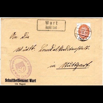 DR 1932, Landpost Stpl. WART Nagold Land auf Schultheißenamt Brief m. 12 Pf.