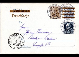 Bayern 1920, DR Drucksache Karte verwendet v. Landshut m. 20 Pf. Ludwig 
