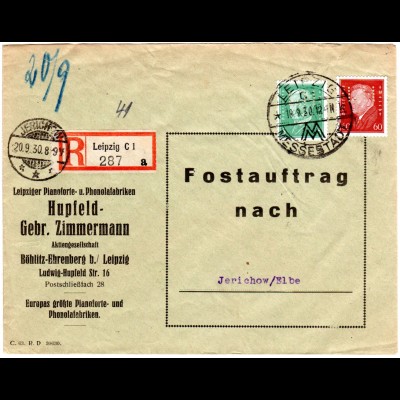 DR 1930, 5+60 Pf. m. perfin auf Einschreiben Postauftrag Firmenbrief v. Leipzig