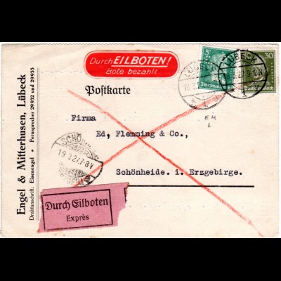 DR 1927, 5+30 Pf. m. perfin auf Eilboten Firmenkarte v. Lübeck