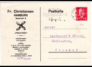 DR 1931, 15 Pf. m. perfin auf Firmenkarte v. Hamburg n. Norwegen.