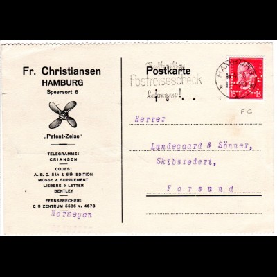 DR 1931, 15 Pf. m. perfin auf Firmenkarte v. Hamburg n. Norwegen.