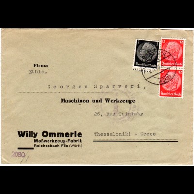 DR 1940, 1+2x12 Pf. auf Zensur Brief v. Reichenbach (Württ.) n. Griechenland
