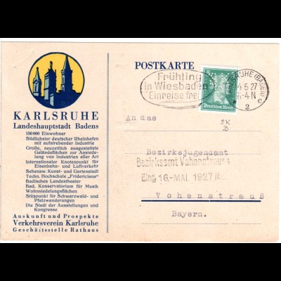 DR 1927, 5 Pf. m. perfin auf Karte des Verkehrsverein Karlsruhe