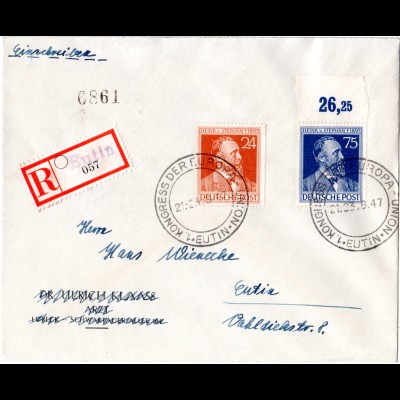 1947, Sonderstempel EUTIN 1. Kongress d. EUROPA-UNION auf Einschreiben Brief