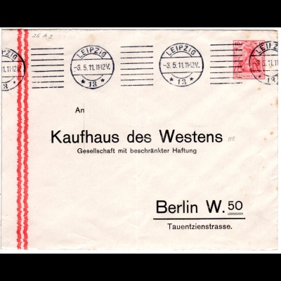 DR 1911, v. Leipzig gebr. 10 Pf. Germania Privatganzsache Kaufhaus des Westens