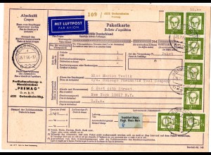 BRD 1966, reine MeF 7x2 M. auf Luftpost Paketkarte v. Geisenheim n. USA. 