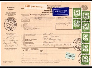 BRD 1966, reine MeF 7x2 M. auf Luftpost Paketkarte v. Kenzingen n. USA. 