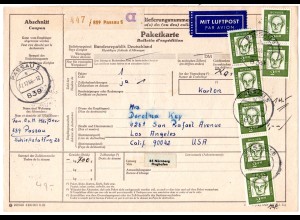 BRD 1966, reine MeF 7x2 M. auf Luftpost Paketkarte v. Kenzingen n. USA.